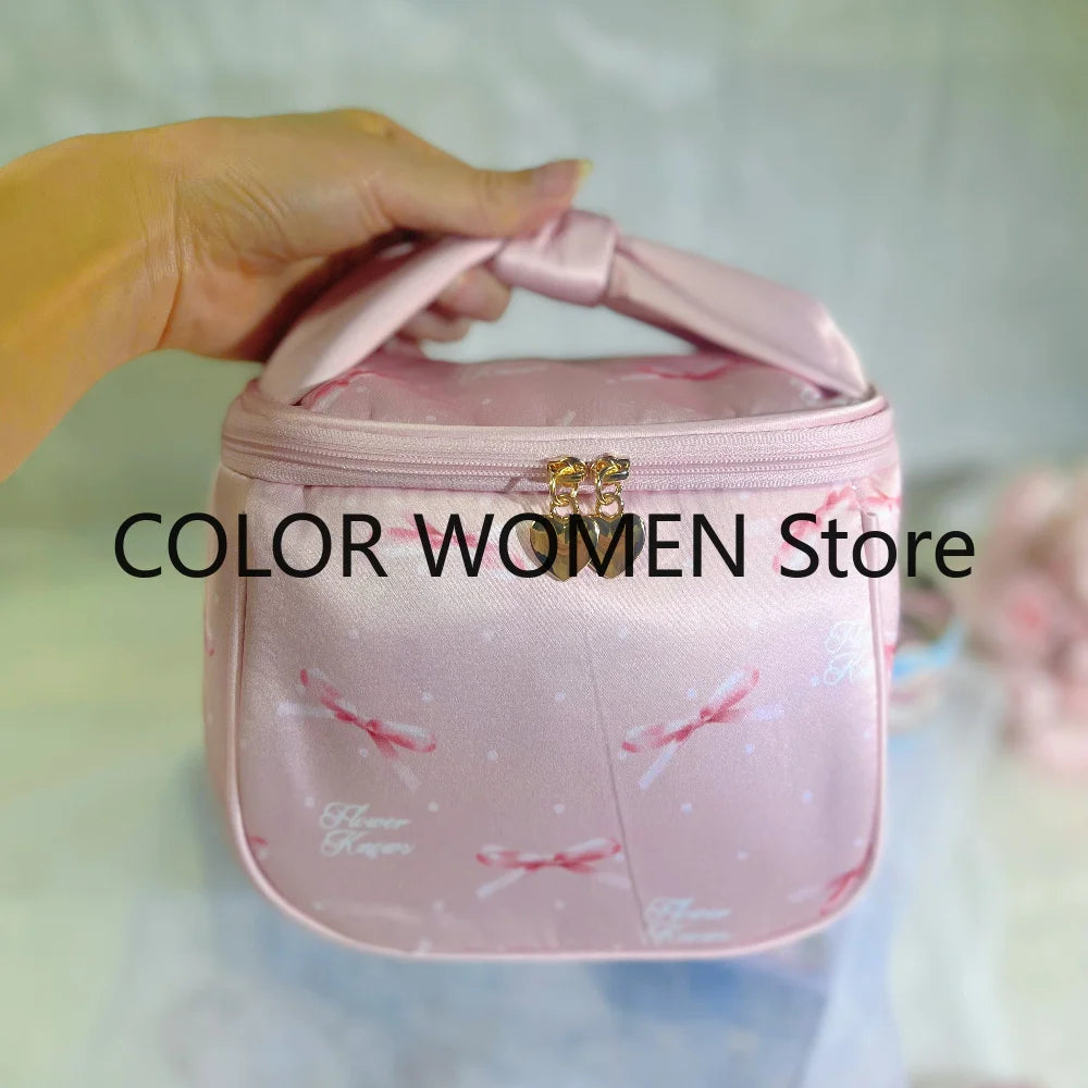 Flower Knows Pink Print Genuine Leather Cosmetic Tote Bag Cosmetic Tote Bag SWANS