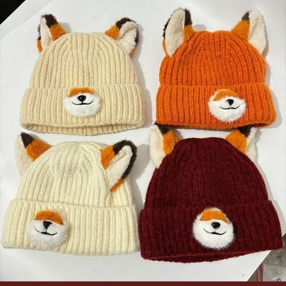 Y2K Fox Ears Beanie – Warm Thickened Knit Winter Hat Unisex Knit Beanie Hat SWANS