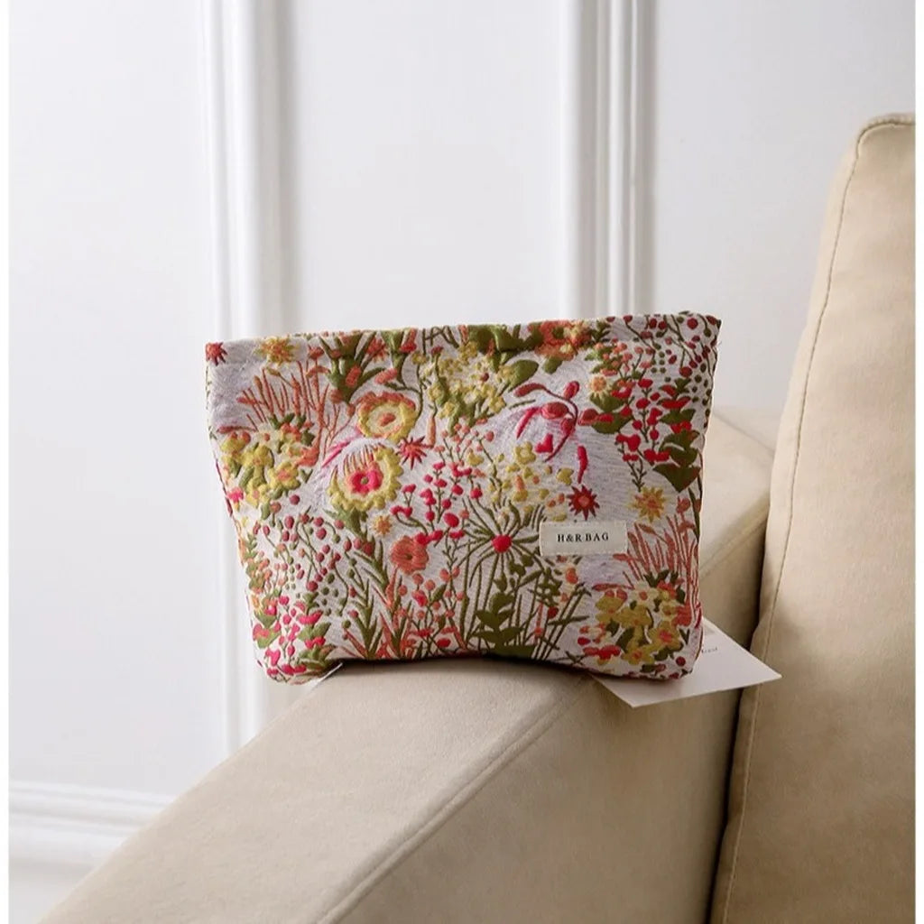 Women's Floral Jacquard Cotton Makeup Bag – 2 Sizes Cosmetic Makeup Bag SWANS Beige Red Yellow-L