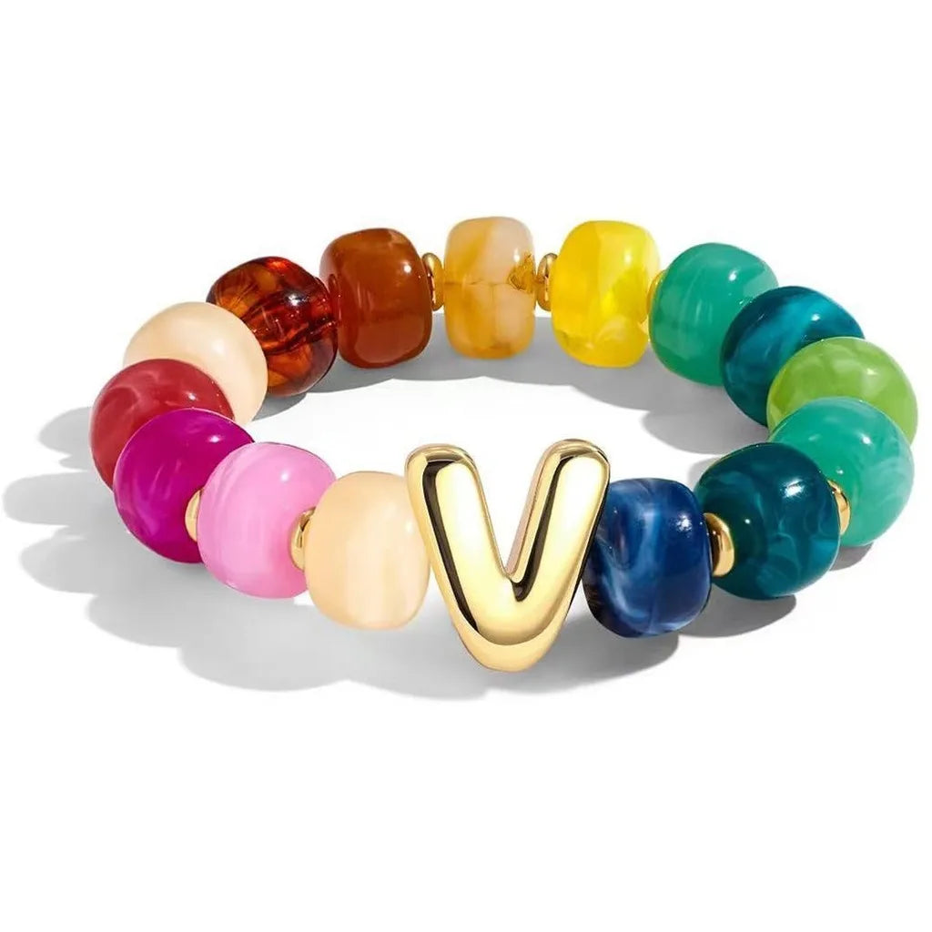 Resin Bead Initial Charm Bracelet – Multicolor Women's A-Z Charm Bracelet SWANS V
