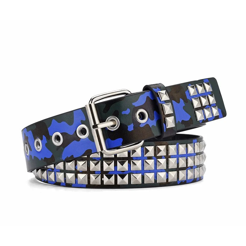 Y2K Punk Rock Square Bead Rivet Belt – Unisex Metal Belt Punk Rivet Belt SWANS blue camouflage 110cm