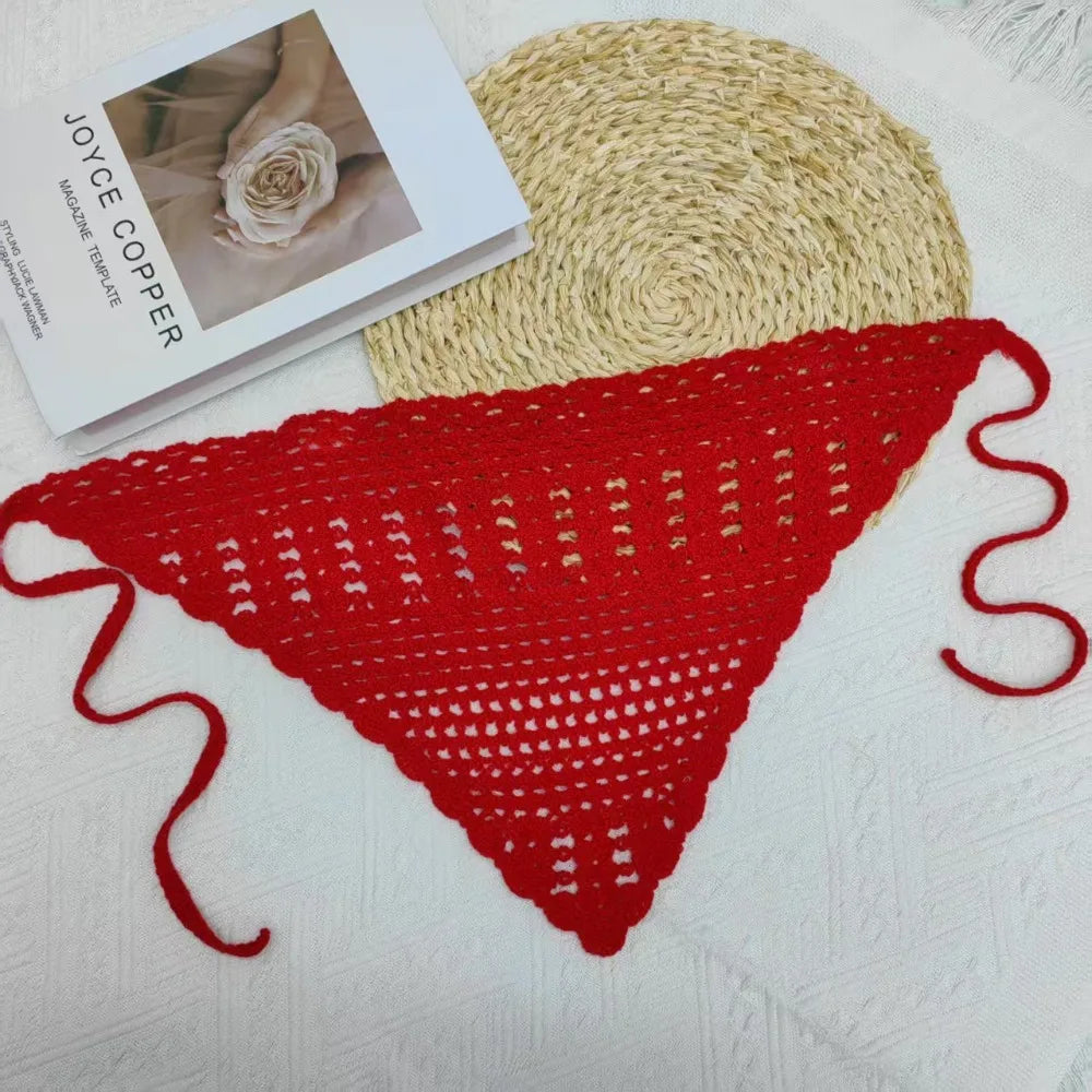 Women's Hollow Knit Crochet Headband – Soft Triangle Headscarf Knit Headband SWANS Red