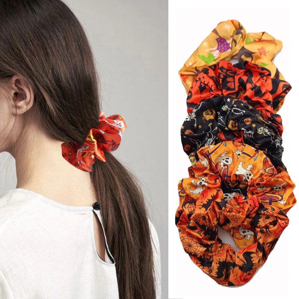 5-Pack Halloween Hair Scrunchies – Pumpkin Ghost Skeleton Hair Scrunchies Set SWANS