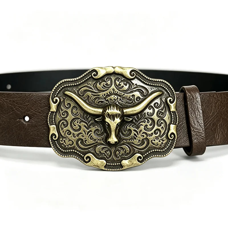 Western Cowboy PU Leather Belt – Bull Head Buckle Unisex Leather Belt SWANS