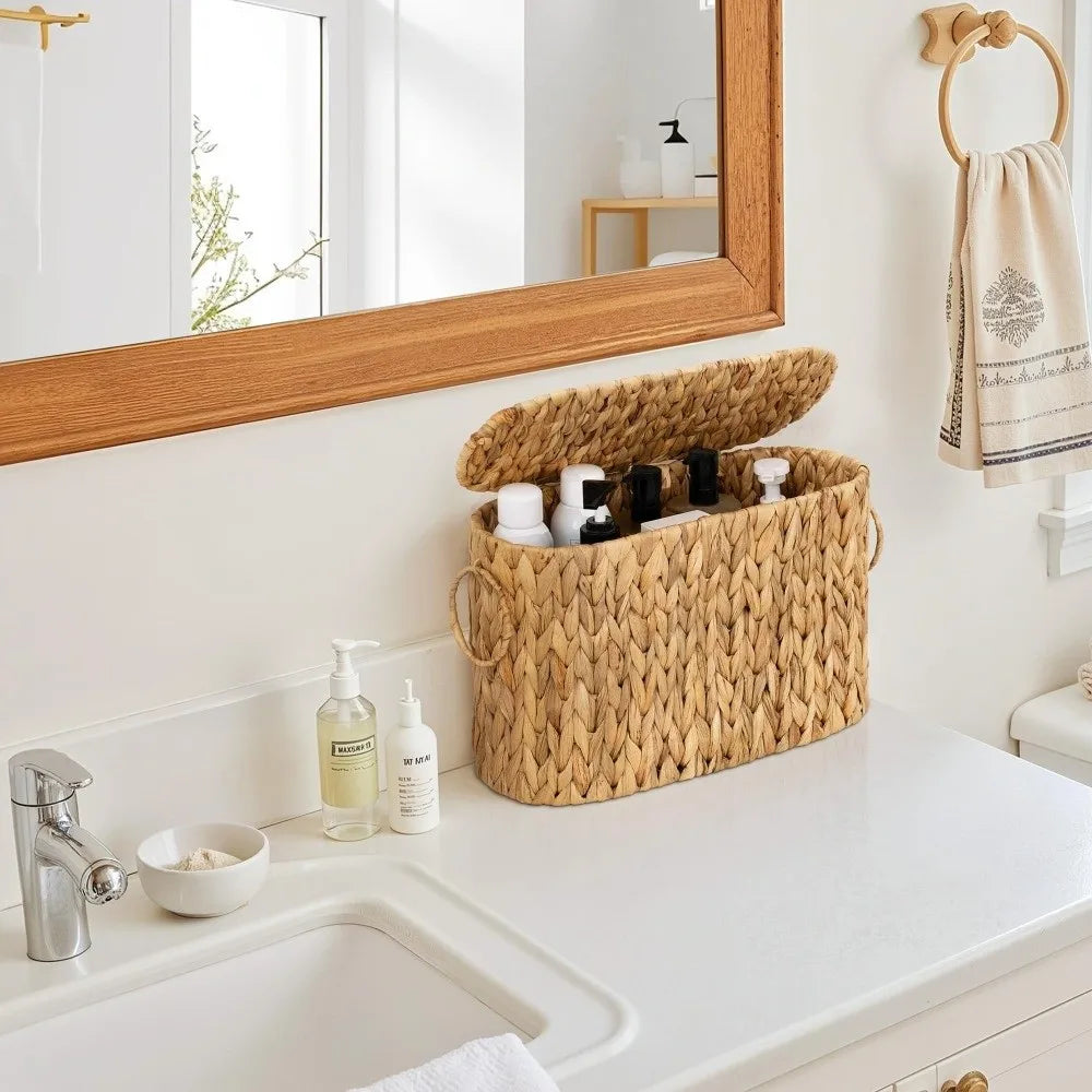 Water Hyacinth Wicker Toilet Paper Basket with Lid – 9 Rolls Wicker Storage Basket SWANS