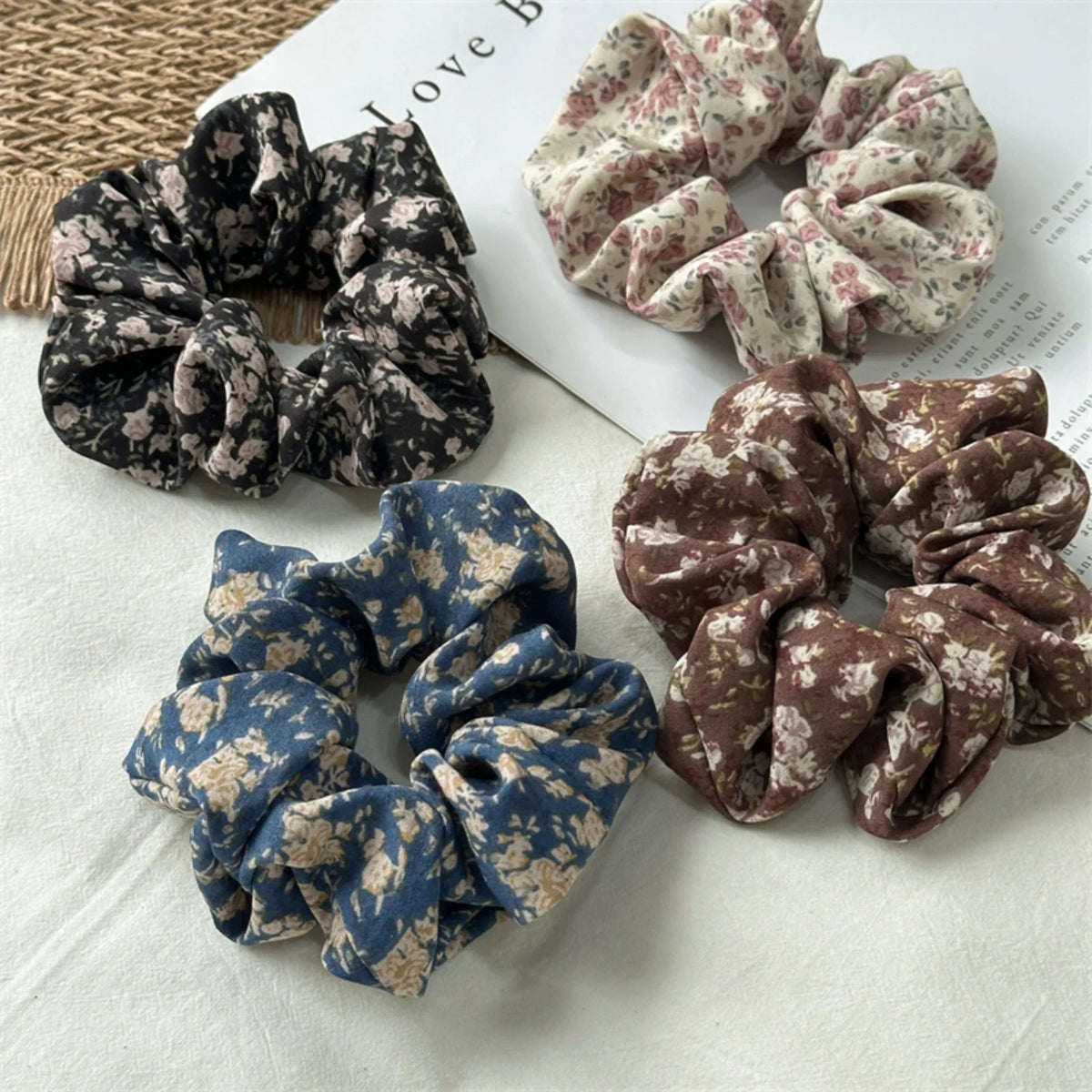 Vintage Floral Large Scrunchie – Soft Boho Elastic Hair Tie Hair Scrunchie SWANS