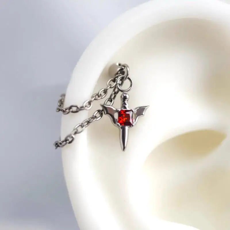 Y2K Gothic Silver Chain Stud Earring – Red Zircon Wing & Rivet Gothic Stud Earring SWANS