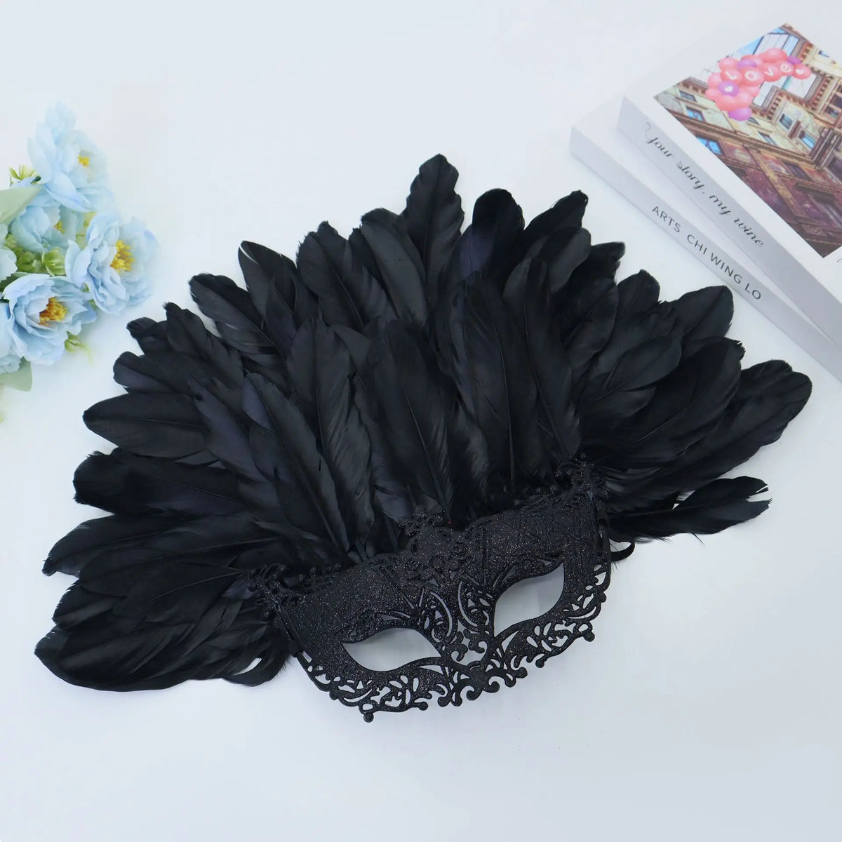 Large Feather Masquerade Mask – Half Face Cosplay & Party Feather Costume Mask SWANS