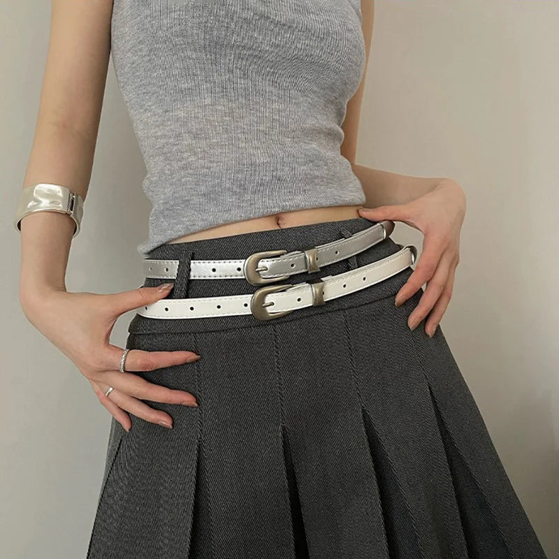 Women's Thin PU Leather Metal Belt – Korean Fashion Waistband Fashion Belt SWANS