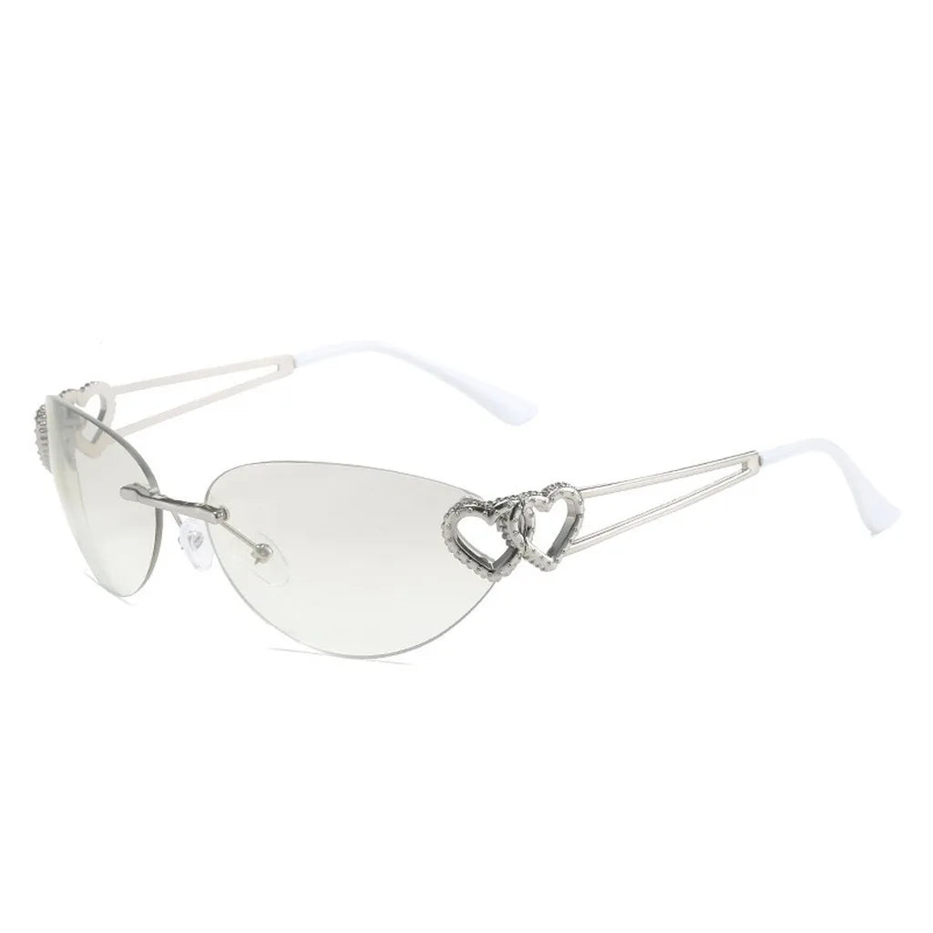 Women's Y2K Rimless Cat Eye Sunglasses UV400 | Heart Detail Fashion Sunglasses SWANS Gradient Silver