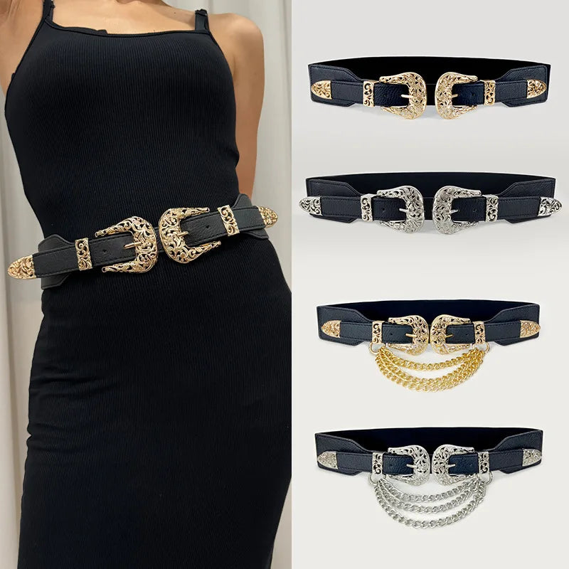 Women's Vintage Elastic Waist Belt – Adjustable PU Leather Elastic Waist Belt SWANS