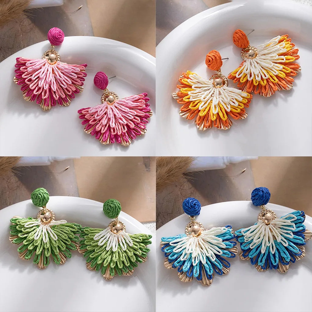 Women's Bohemian Raffia Flower Fan Drop Earrings Drop Earrings SWANS