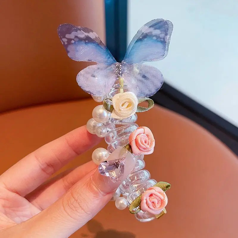 Girls' Butterfly Rose Elastic Hair Ties & Braided Coil Rope Girls Hair Ties SWANS Blue
