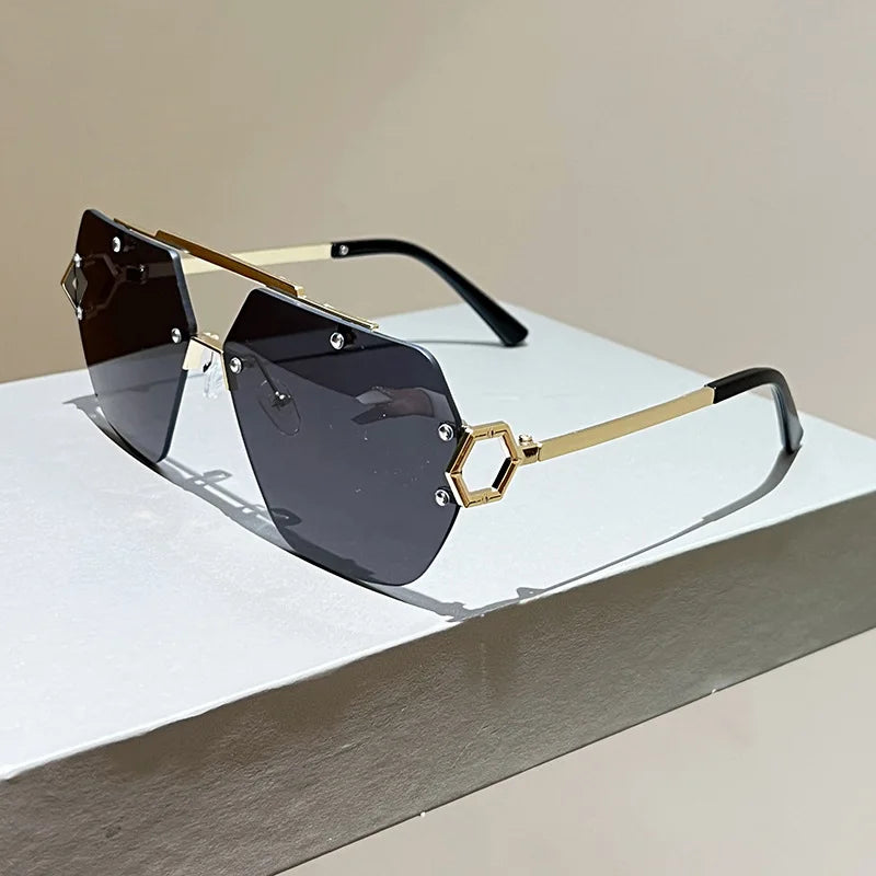 Y2K Rimless Pilot Sunglasses Double Bridge Rivet Metal Unisex Fashion Sunglasses SWANS