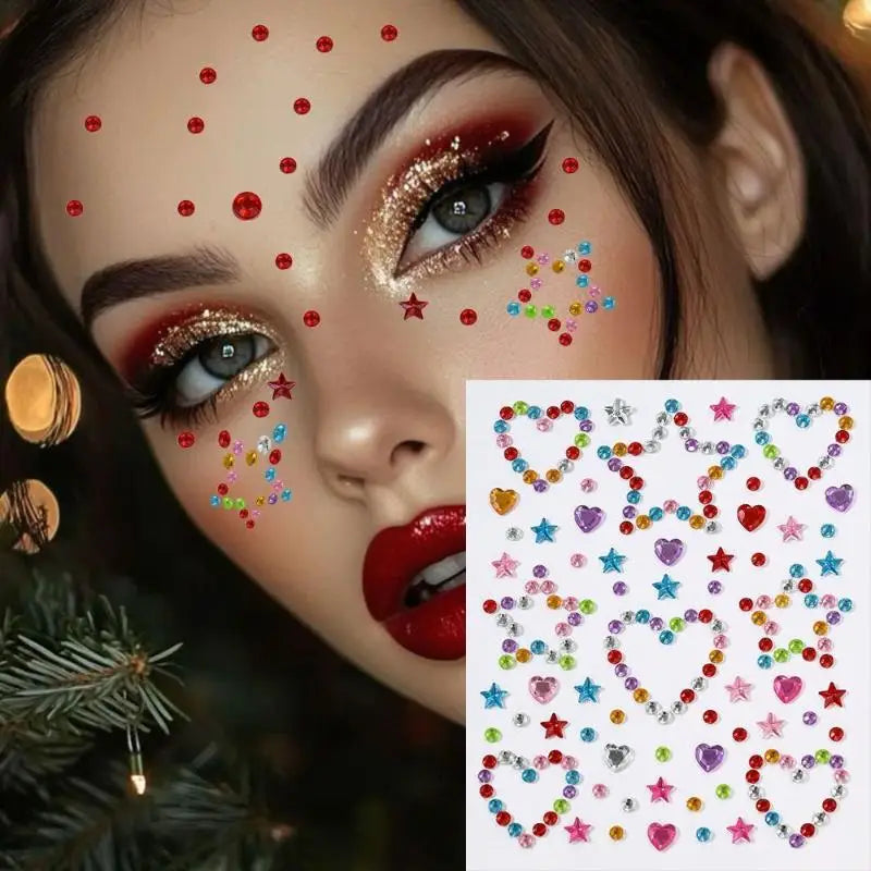 3D Rhinestone Face Jewel Stickers – Glitter Gems & Bow Sheet Face Jewel Stickers SWANS A7