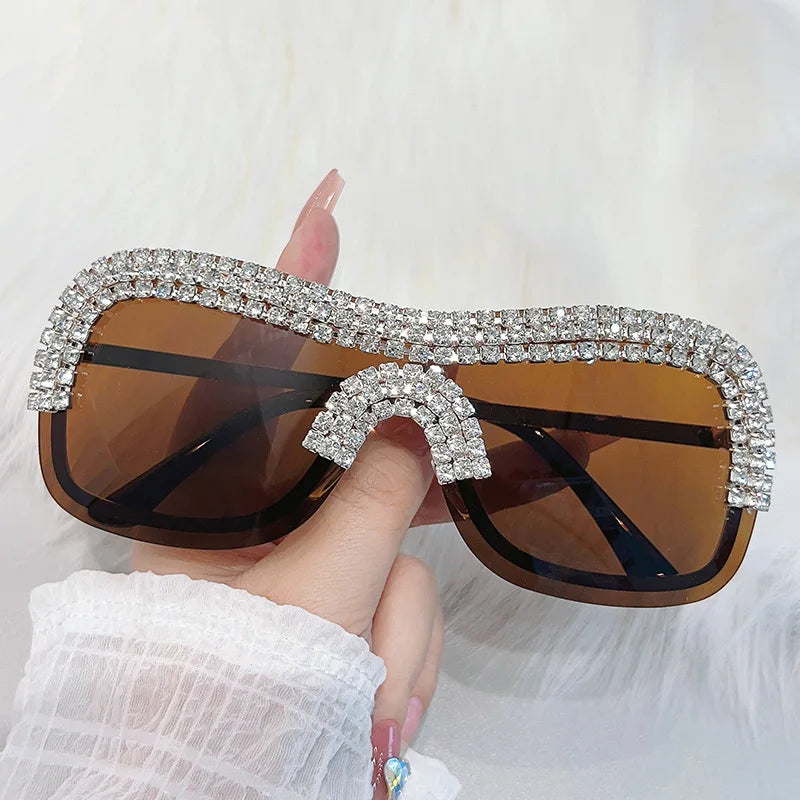 Y2K Rhinestone Rimless Sunglasses – UV400 Women's Punk Shades Fashion Sunglasses SWANS Brown as the photo