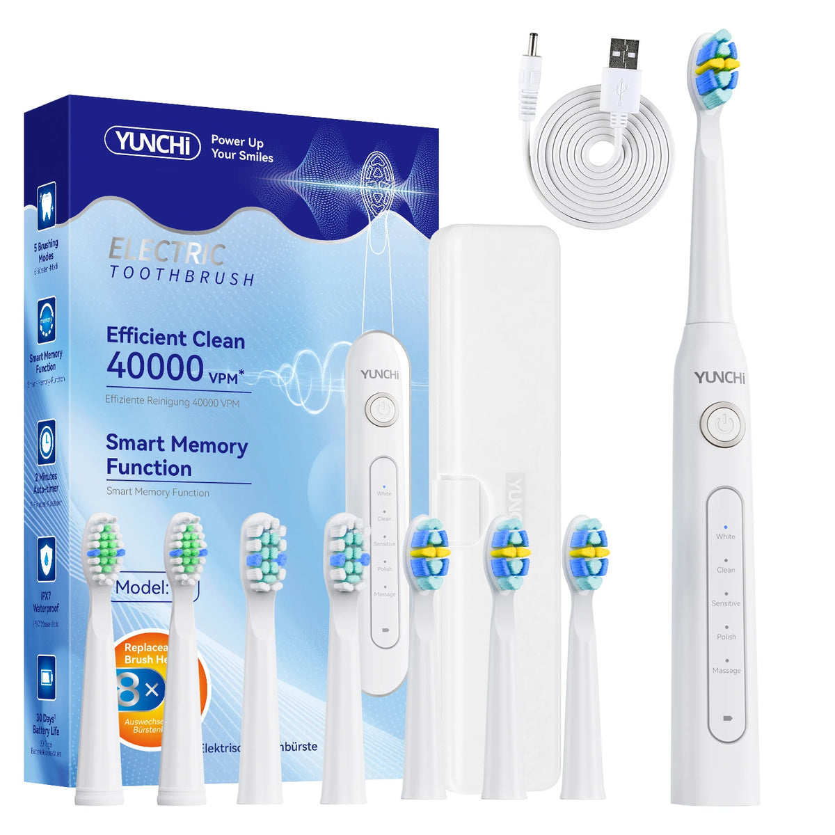 YUNCHi Y5 Electric Toothbrush | 5 Modes, IPX7, 8 Brush Heads Electric Toothbrush SWANS White USB Type-C