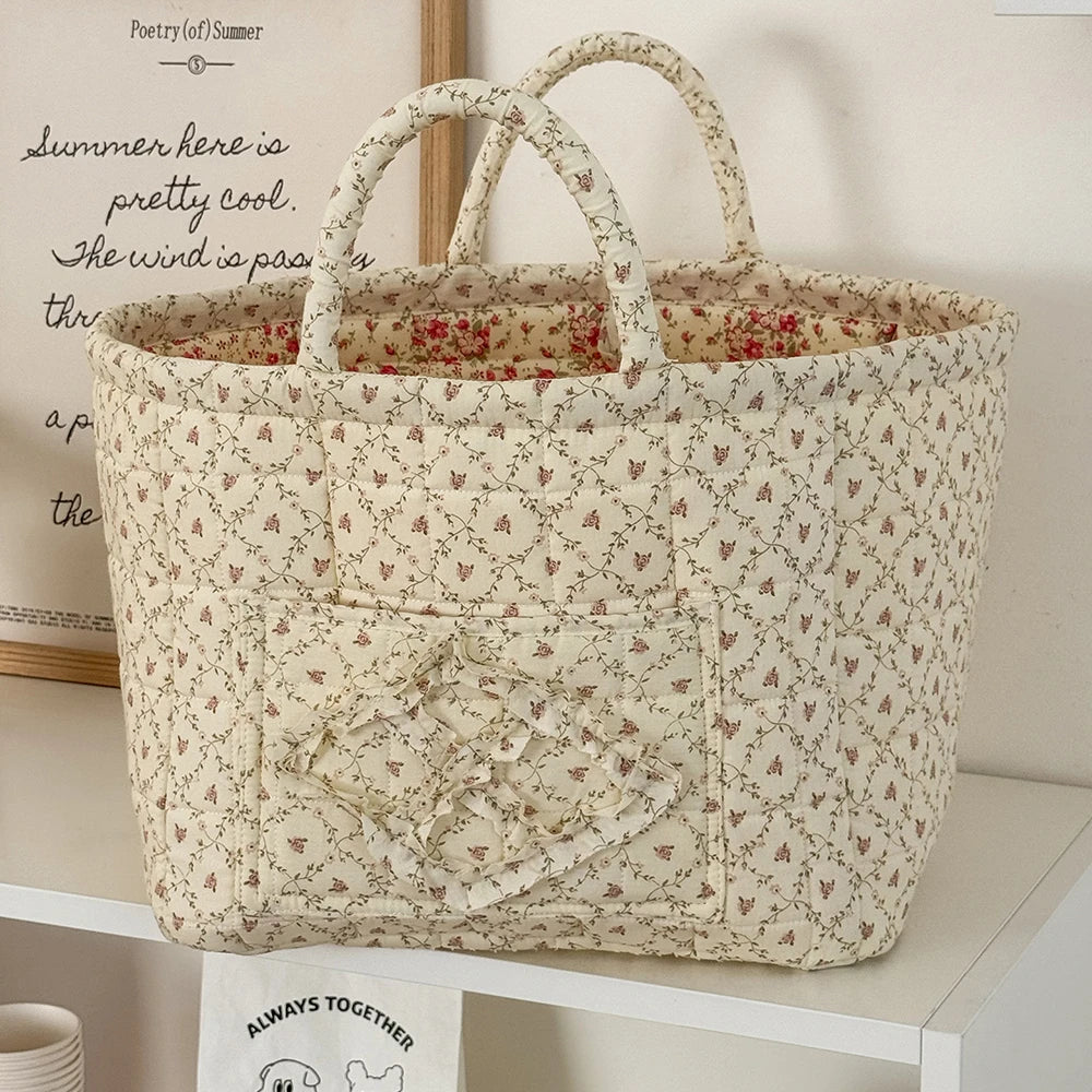 Vintage Floral Quilted Foldable Storage Basket with Handle Fabric Storage Basket SWANS 4