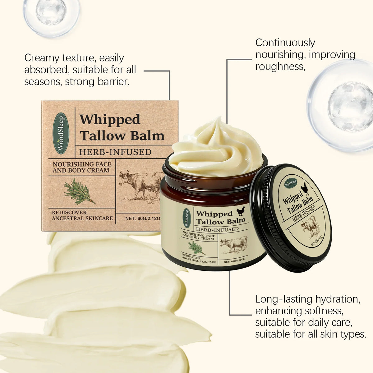 WOODSLEEP Beef Tallow Body Lotion – Hydrating & Brightening Body Lotion Cream SWANS