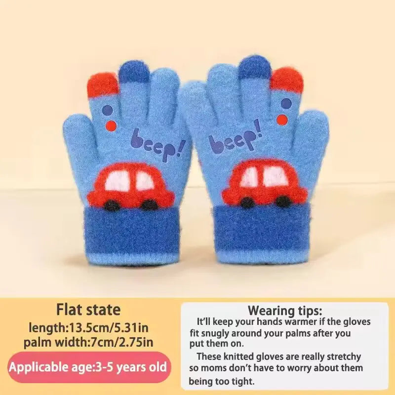 Kids Winter Knit Gloves Cartoon Car Design | Ages 3–7 Kids Winter Gloves SWANS Blue One Size
