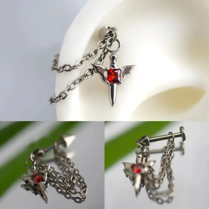 Y2K Gothic Silver Chain Stud Earring – Red Zircon Wing & Rivet Gothic Stud Earring SWANS