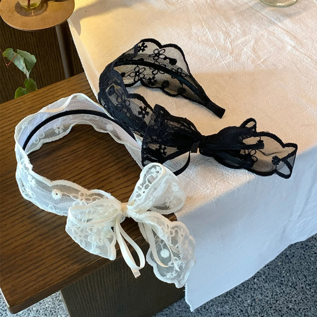 Lace Bow Headband – Elegant Black & White Hair Hoop for Women Lace Bow Headband SWANS