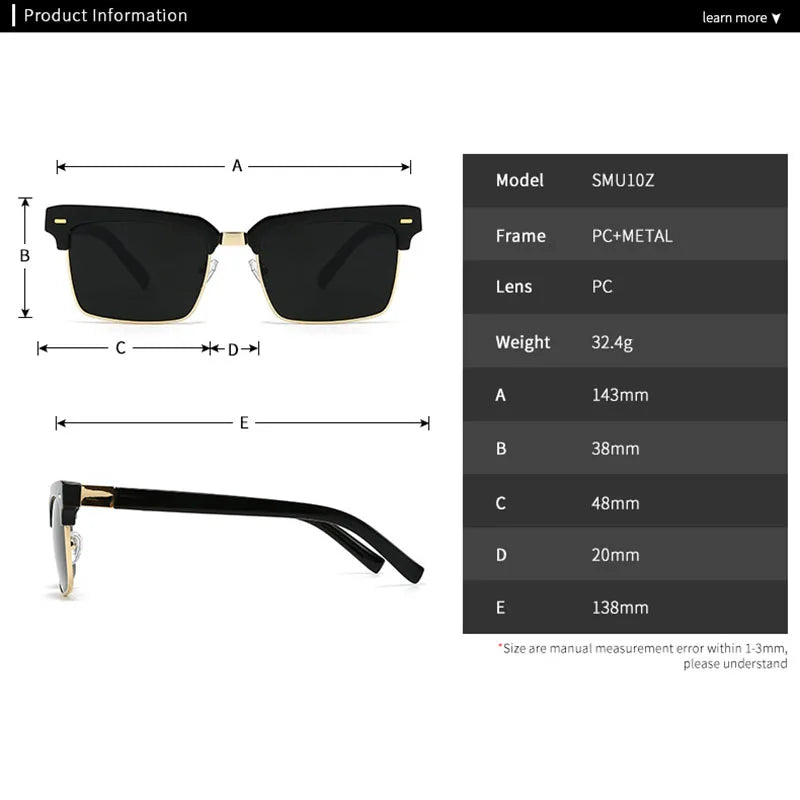 TOYEARN Square Punk Rivet Sunglasses UV400 Metal Frame Fashion Sunglasses SWANS