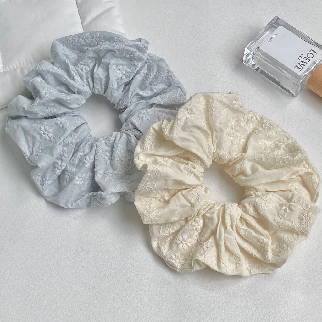 Floral Embroidered Hair Scrunchies – Light Blue & Cream Embroidered Hair Scrunchie SWANS