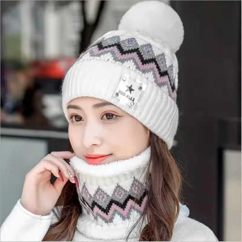 Women's Plush Velvet Beanie & Neck Warmer Scarf Set 2PCS Winter Hat Scarf Set SWANS White