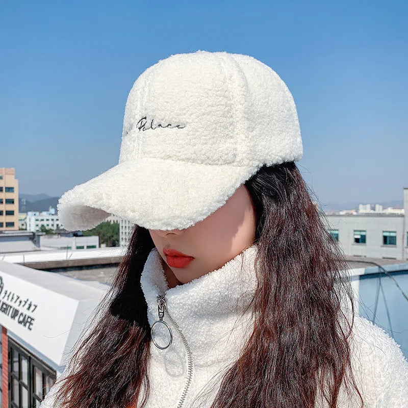 Faux Lamb Wool Baseball Cap – Winter Warm Plush Snapback Hat Winter Baseball Cap SWANS A Style white Adjustable