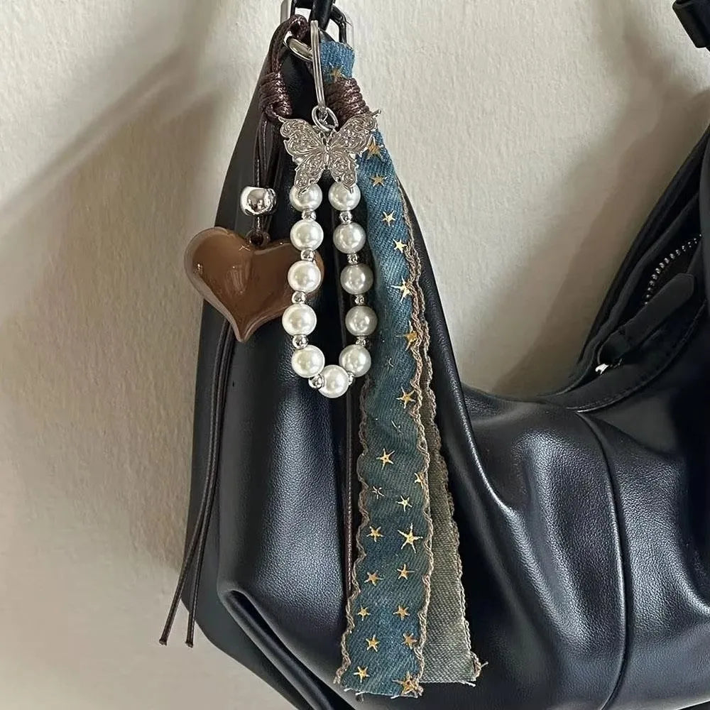 Y2K Pearl Bag Charm Keyring – Cowboy Ribbon Pendant DIY Bag Charm Keyring SWANS