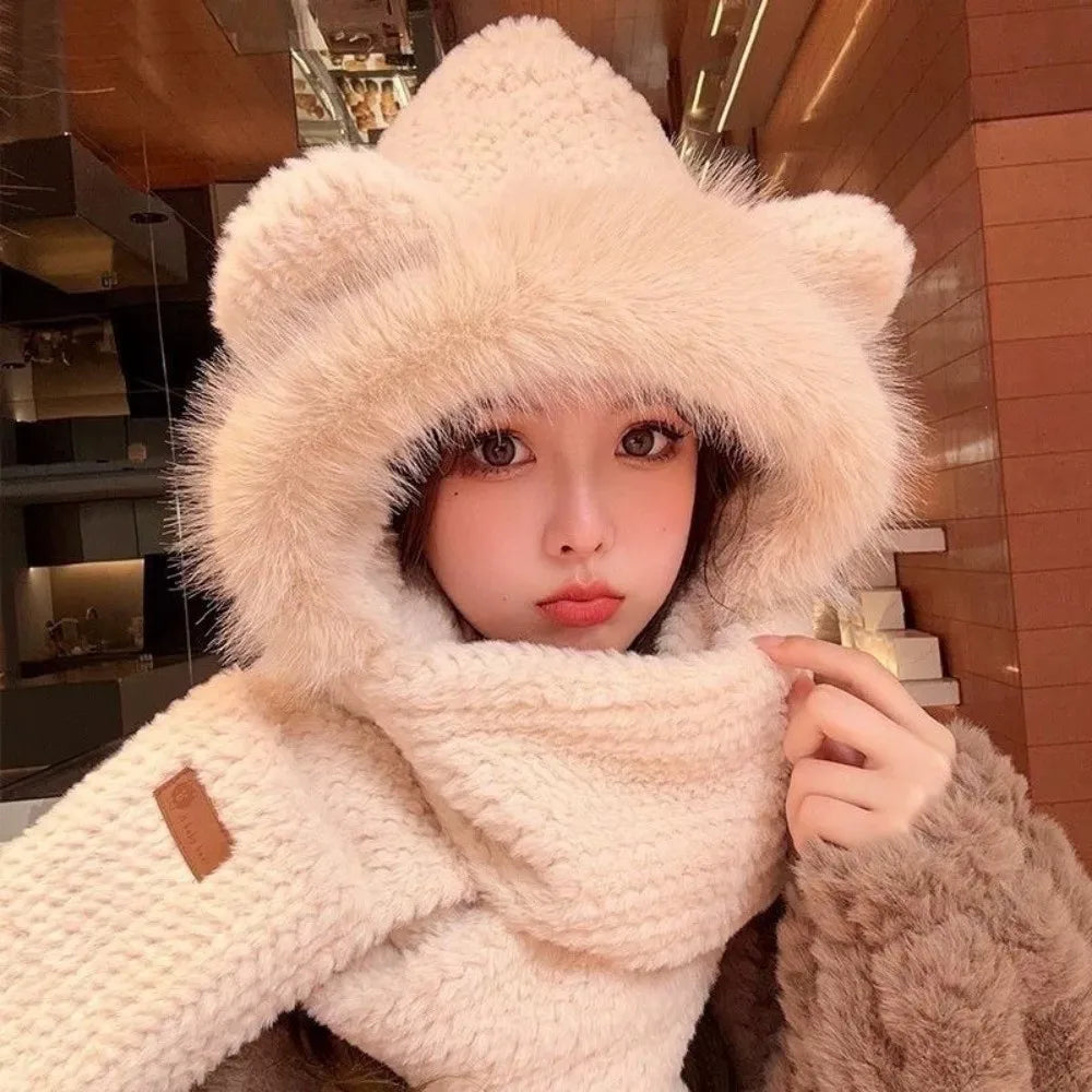 Women's Fluffy Hooded Scarf Hat Set – Windproof Winter Cap Winter Hat Scarf Set SWANS