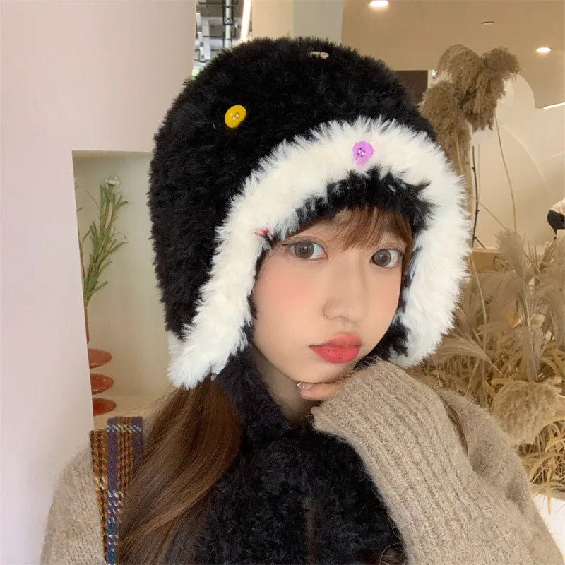 Women's Winter Plush Ear Flap Beanie – Faux Fur Knit Cap Winter Beanie Hat SWANS black One Size
