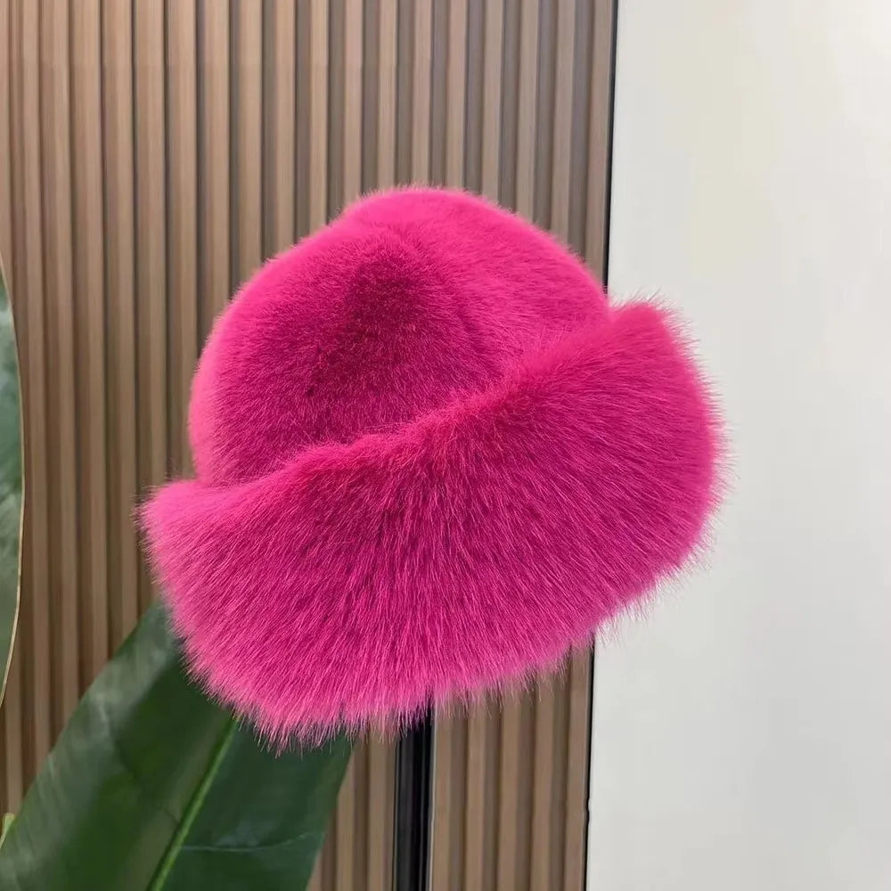 Fluffy Faux Fur Bucket Hat – Warm Windproof Beret Women Winter Bucket Hat SWANS