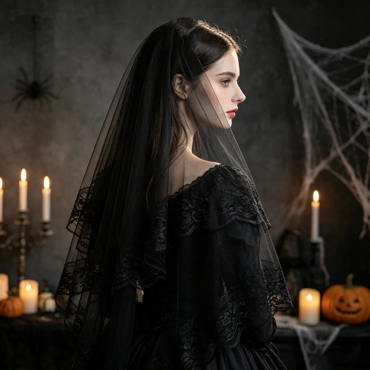 Gothic Black Lace Two-Tier Bridal Veil with Comb | Halloween Gothic Bridal Veil SWANS