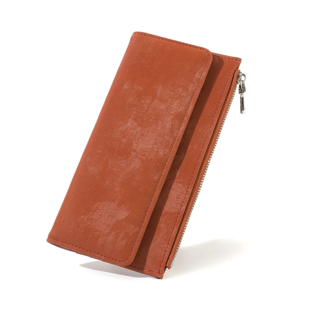 Women's Trifold Long Wallet – Water Ripple PU Leather Purse Trifold Long Wallet SWANS Reddish Brown