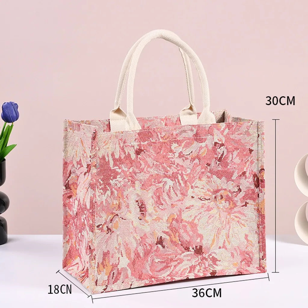 Vintage Linen Jute Tote Bag – Embroidered Reusable Shopper Embroidered Tote Bag SWANS Pink-30x36x18 cm
