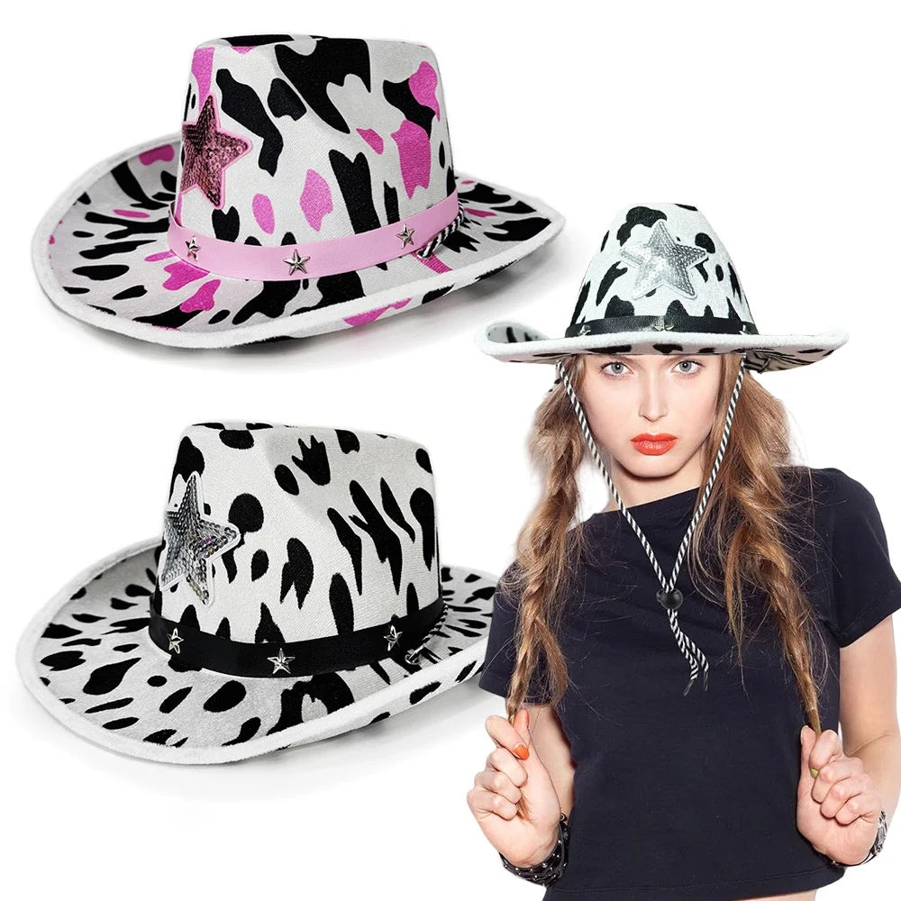 Animal Print Punk Cowboy Hat – Cow Print & Star Rivets Costume Cowboy Hat SWANS