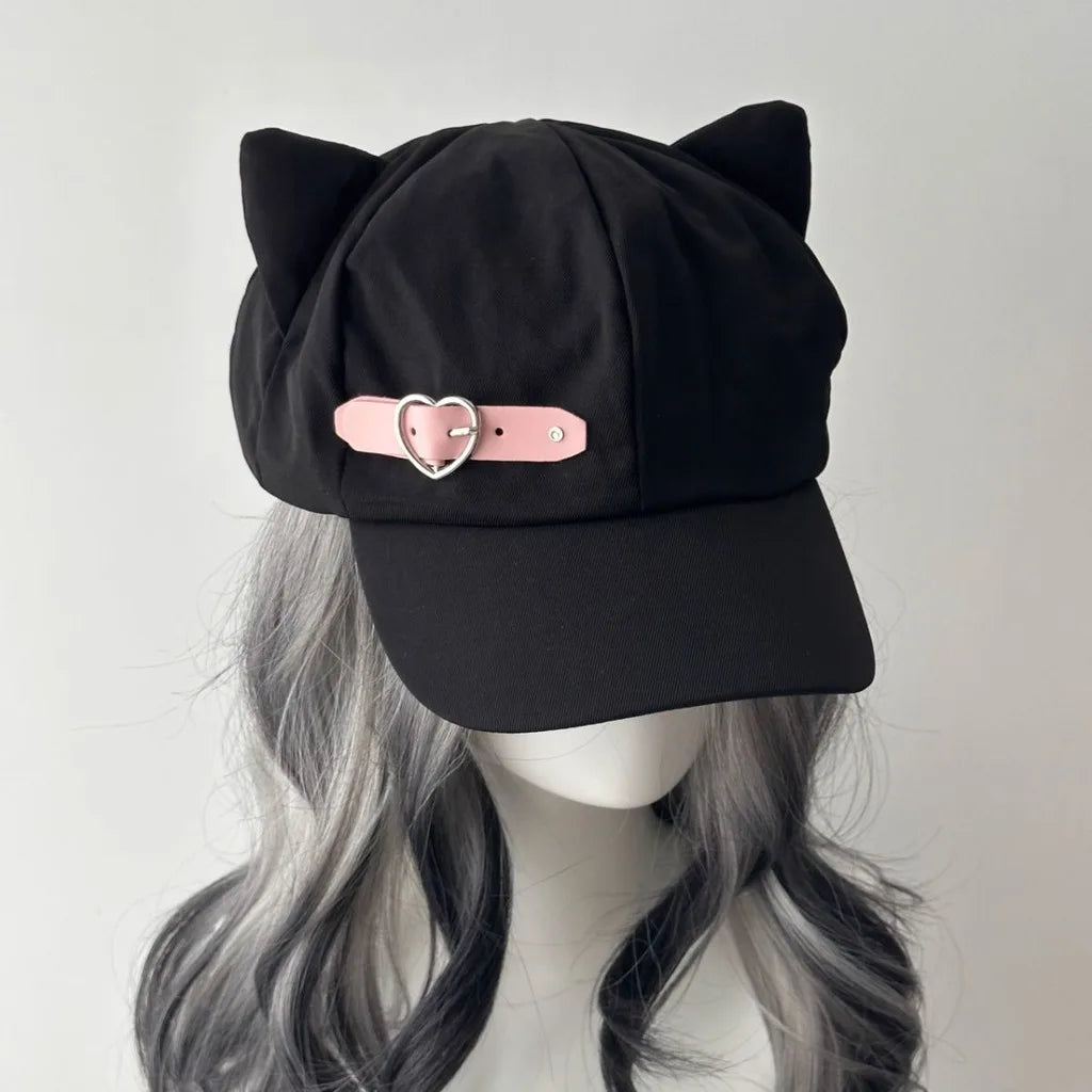 Y2K Cat Ear Peaked Beret – Cute Cotton Hat for Women Beret Hat SWANS Pink Heart