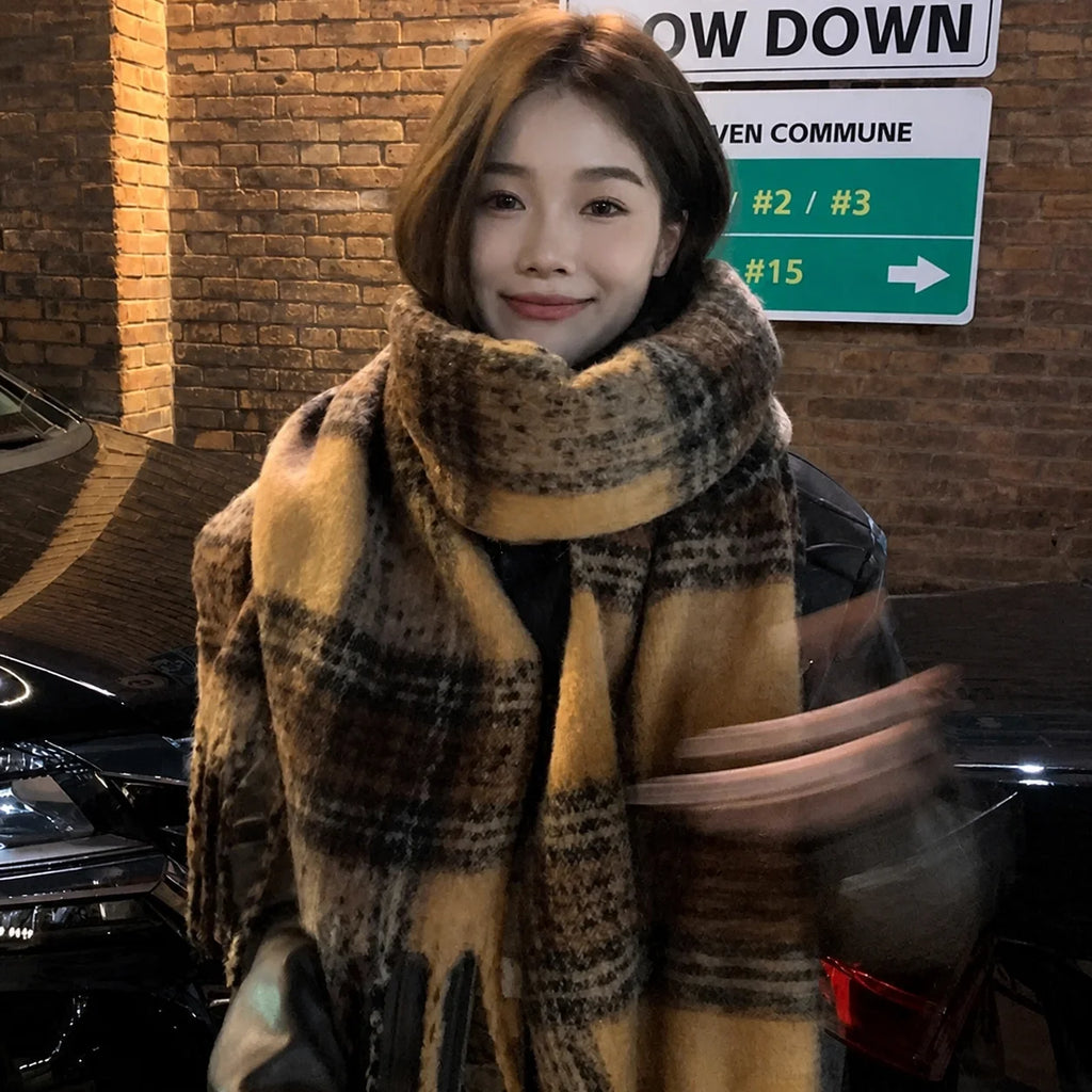 Women's Soft Mohair Fringe Scarf – Check & Solid Wrap Fringe Wrap Scarf SWANS Brown Yellow