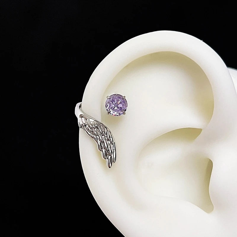 Silver Wing Zircon Stud Earrings – Trendy Fashion Jewelry Women Stud Earrings SWANS Purple - Right Ear