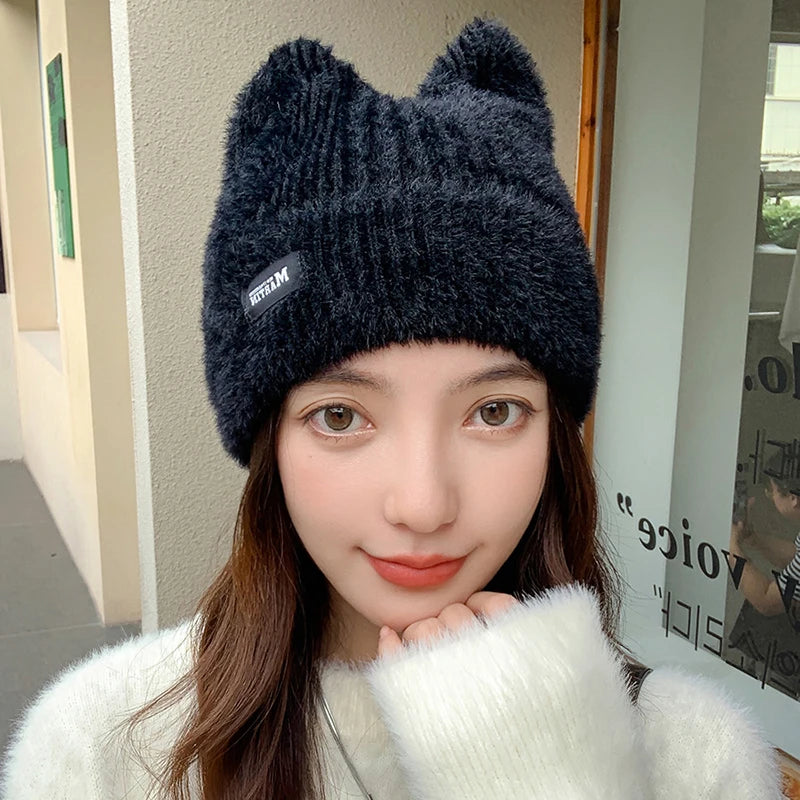 Cat Ears Knitted Beanie – Women's Winter Plush Pullover Hat Knitted Beanie Hat SWANS