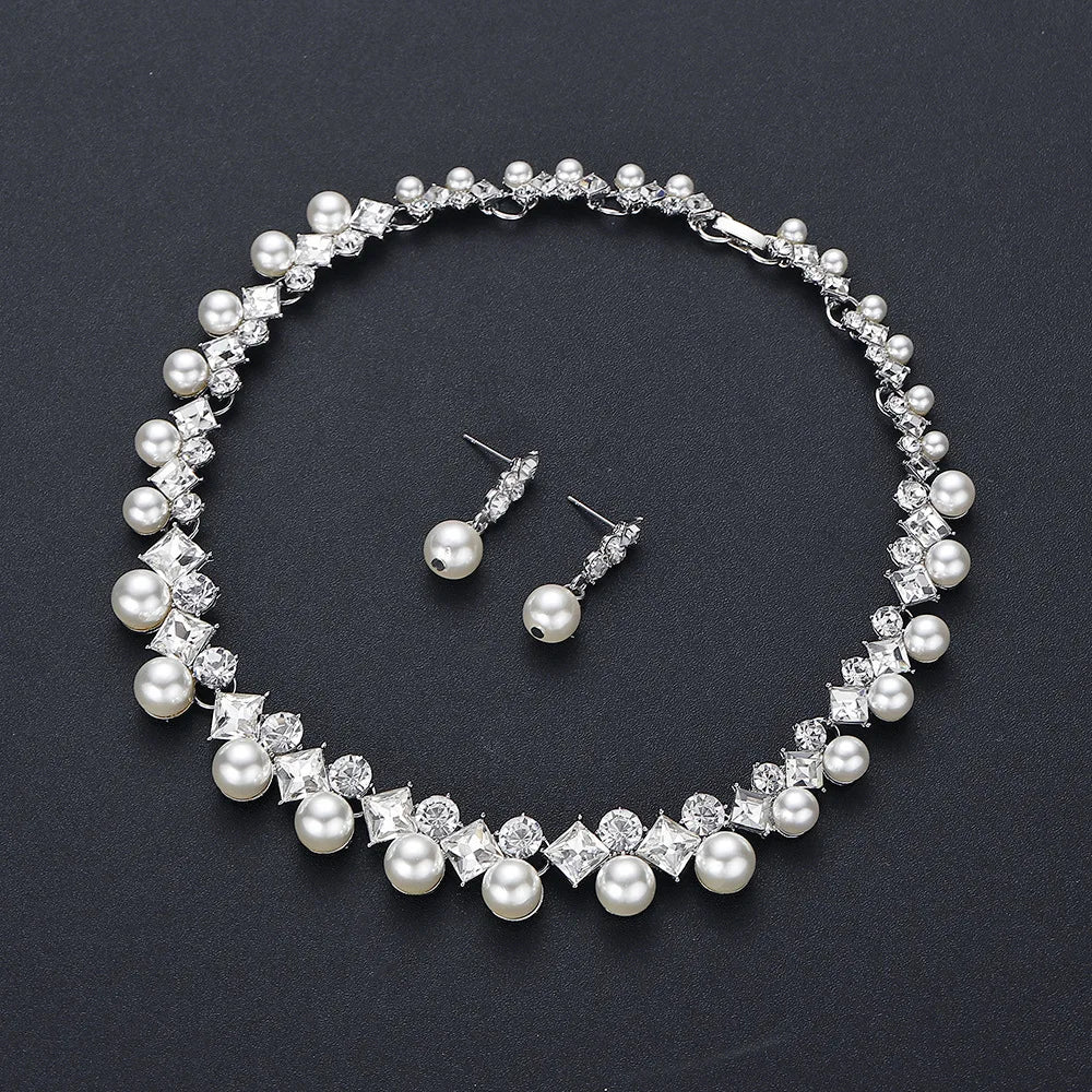 Pearl Rhinestone Necklace & Earrings Set – Wedding Jewelry Jewelry Set SWANS White