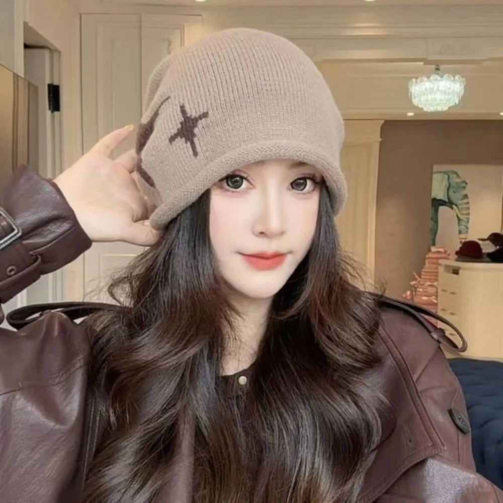 Women's Star Pattern Knit Beanie – Windproof Drawstring Winter Hat Knitted Winter Beanie SWANS