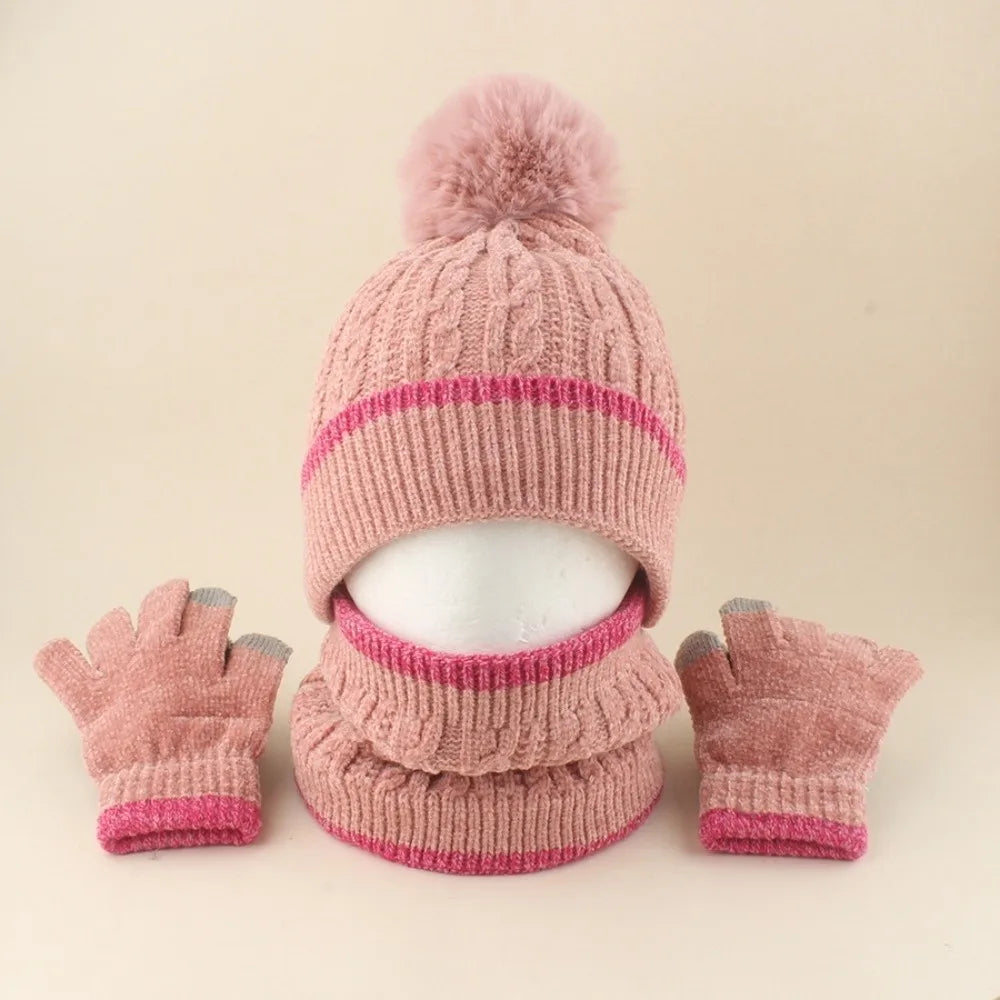 Kids Winter Knit Hat Scarf & Gloves Set – Warm 3-Piece Kids Winter Accessory Set SWANS Pink 48-53CM