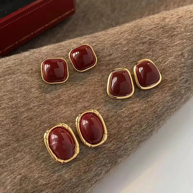 Vintage Wine Red Enamel Geometric Square Stud Earrings Stud Earrings SWANS
