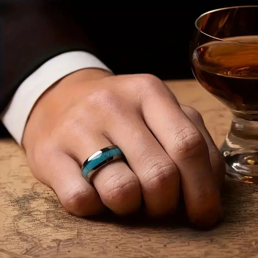 Blue Turquoise Inlay Stainless Steel Ring 8mm – Men & Women Fashion Ring SWANS