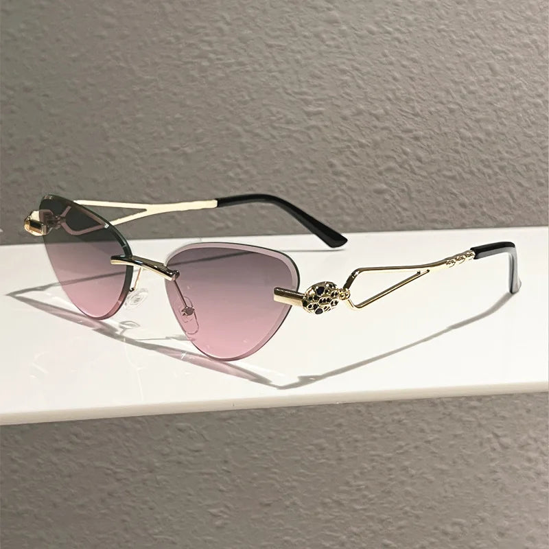 Y2K Rimless Cat Eye Sunglasses – Diamond Cut Snake Head Shades Cat Eye Sunglasses SWANS Gray Pink As the picture