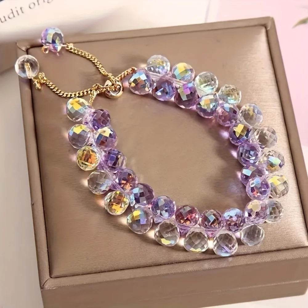 Double Layer Crystal Bead Bracelet – Iridescent Stone Beads Beaded Bracelet SWANS purple