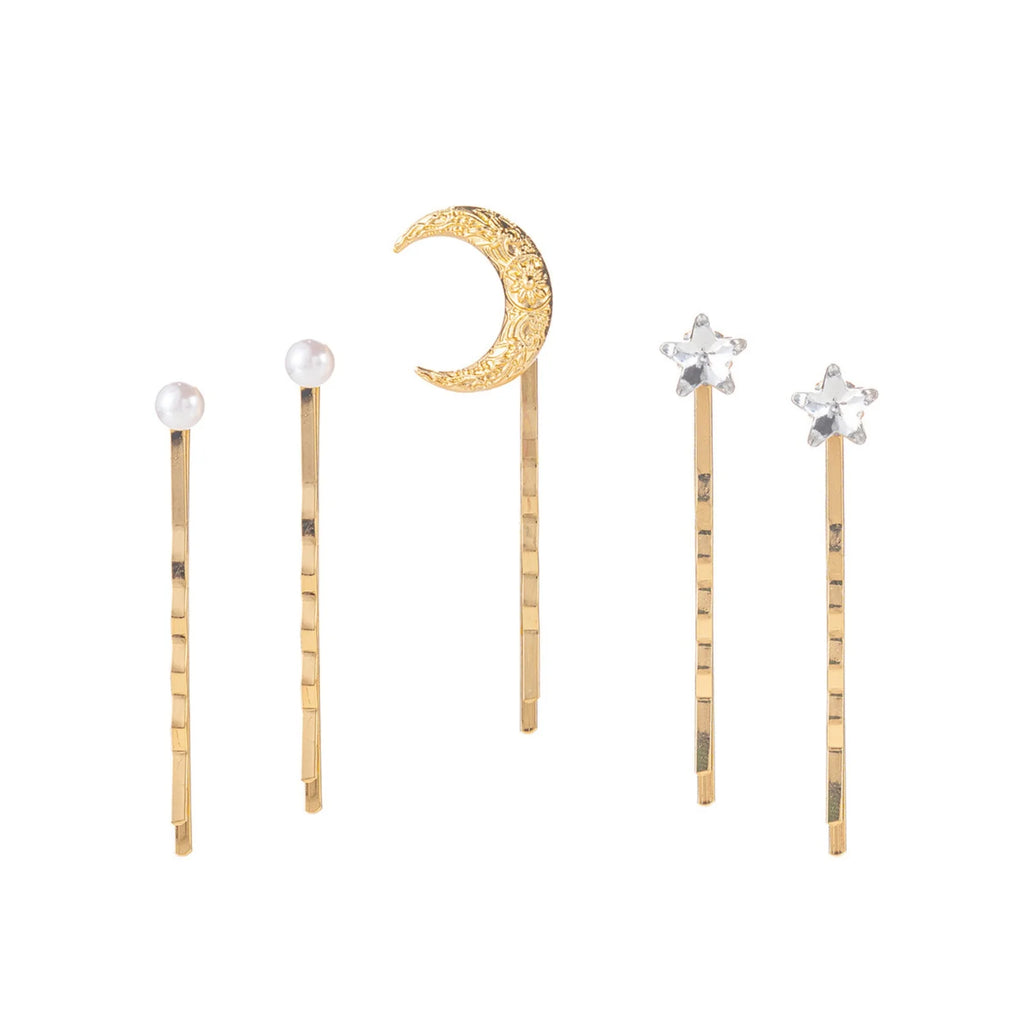 8-Pack Celestial Moon Star Faux Pearl Hair Pins – Gold Tone Hair Barrettes Set SWANS